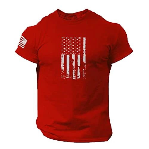 Men's T-Shirts Flag Distressed Printed Short Sleeve T Shirt Lightweight Summer Outfits Breathable Moisture Loose Fit Tee Tops Crew Neck Gym Workout Blouse Quick Dry Golf Shirts(A4-Red,XXL)