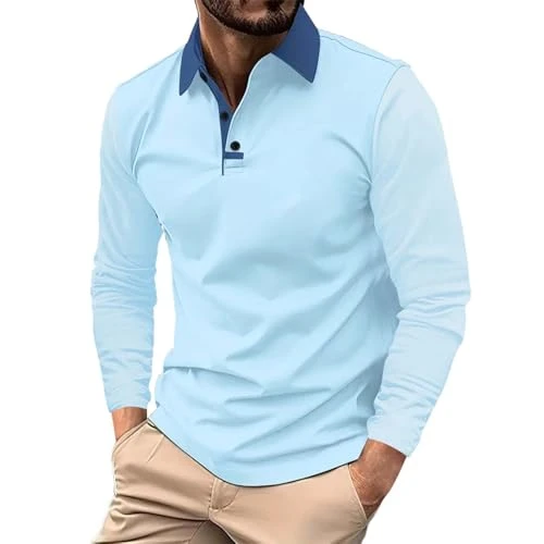 Mens T-Shirts Long Sleeve Colour Blocking Check Print Solid Colour Polo Shirts for Men Adult Cotton 