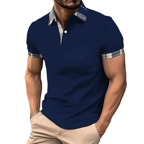 Men's T-Shirts Summer Casual Short Sleeve Button Down Lapel Graphic Color Ptint Tunic Tops Quick Dry Lightweight Plus Size Tee Polo Breathable Moisture Wicking Work Shirts(A2-Navy,4XL)