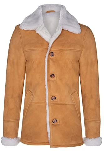 Men's Tan Brown Sheepskin Real Shearling Classic Suede Leather Car Coat 4XL