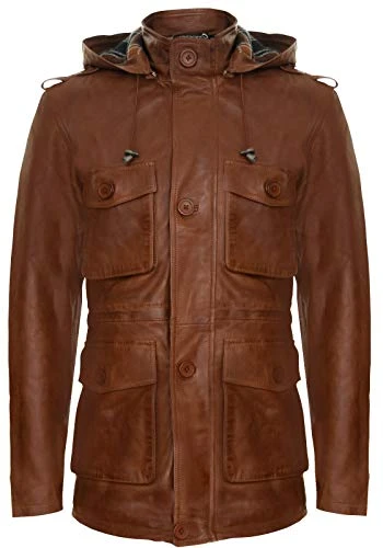 Men's Tan Hooded Leather Multi-Pocket Duffle Trench Coat with Drawstring 2XL