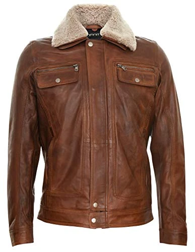 Men's Tan Leather Jacket Trucker Removable Sheepskin Sherpa Collar Casual Jeans Coat 5XL