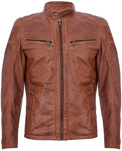 Mens Tan Leather Jacket Vintage Quilted Retro Racing Zipped Biker XL