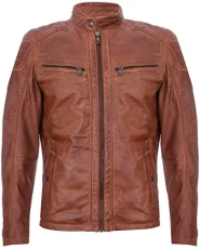 Mens Tan Leather Jacket Vintage Quilted Retro Racing Zipped Biker XL