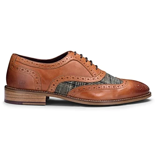 Mens Tan Leather Tweed Retro Classic Oxford Formal Laced Vintage Brogue Shoes