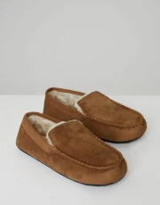Mens Tan Suedette Moccasin Slippers with Faux Fur Lining