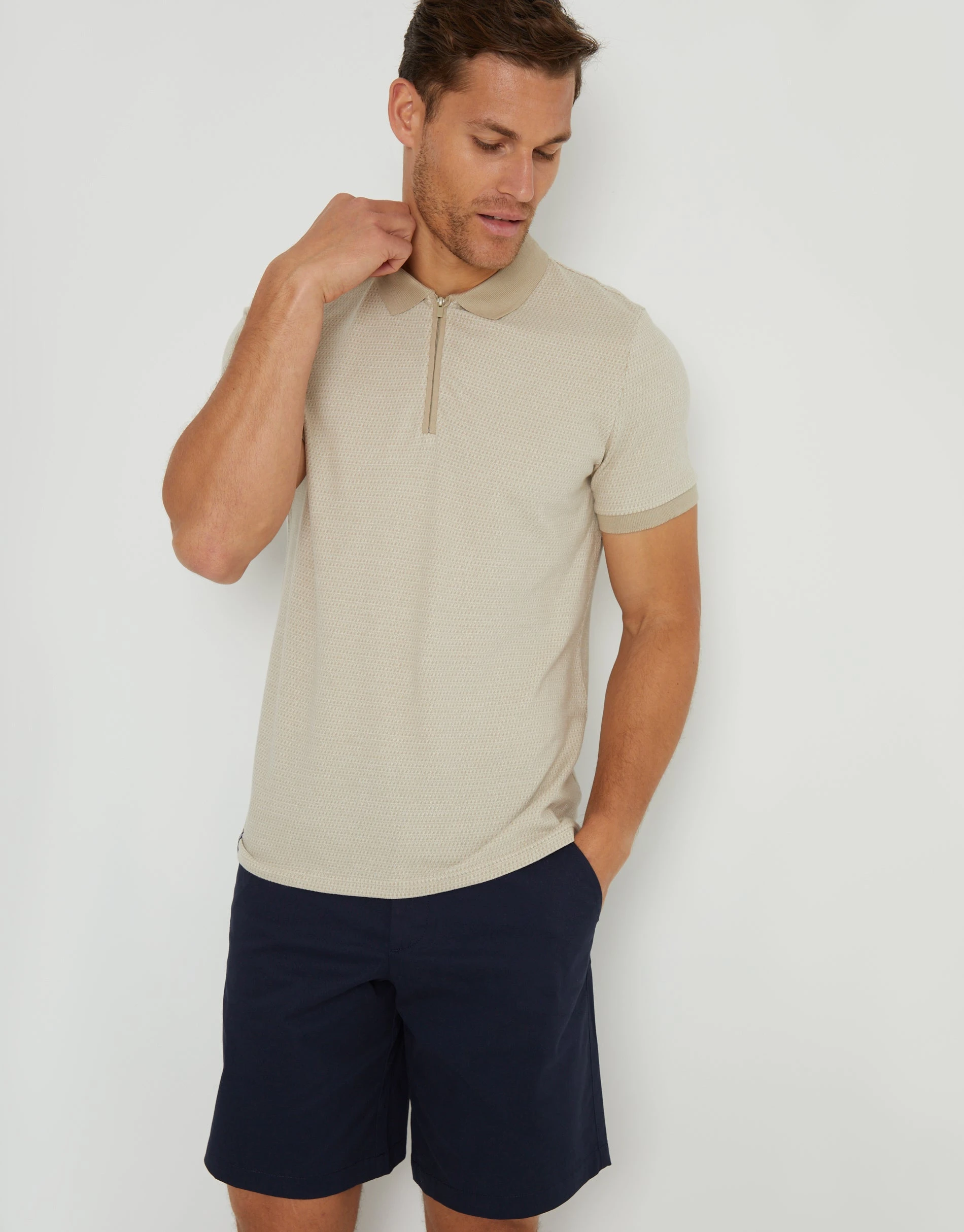 Men's Taupe Cotton Jacquard Quarter Zip Polo Shirt