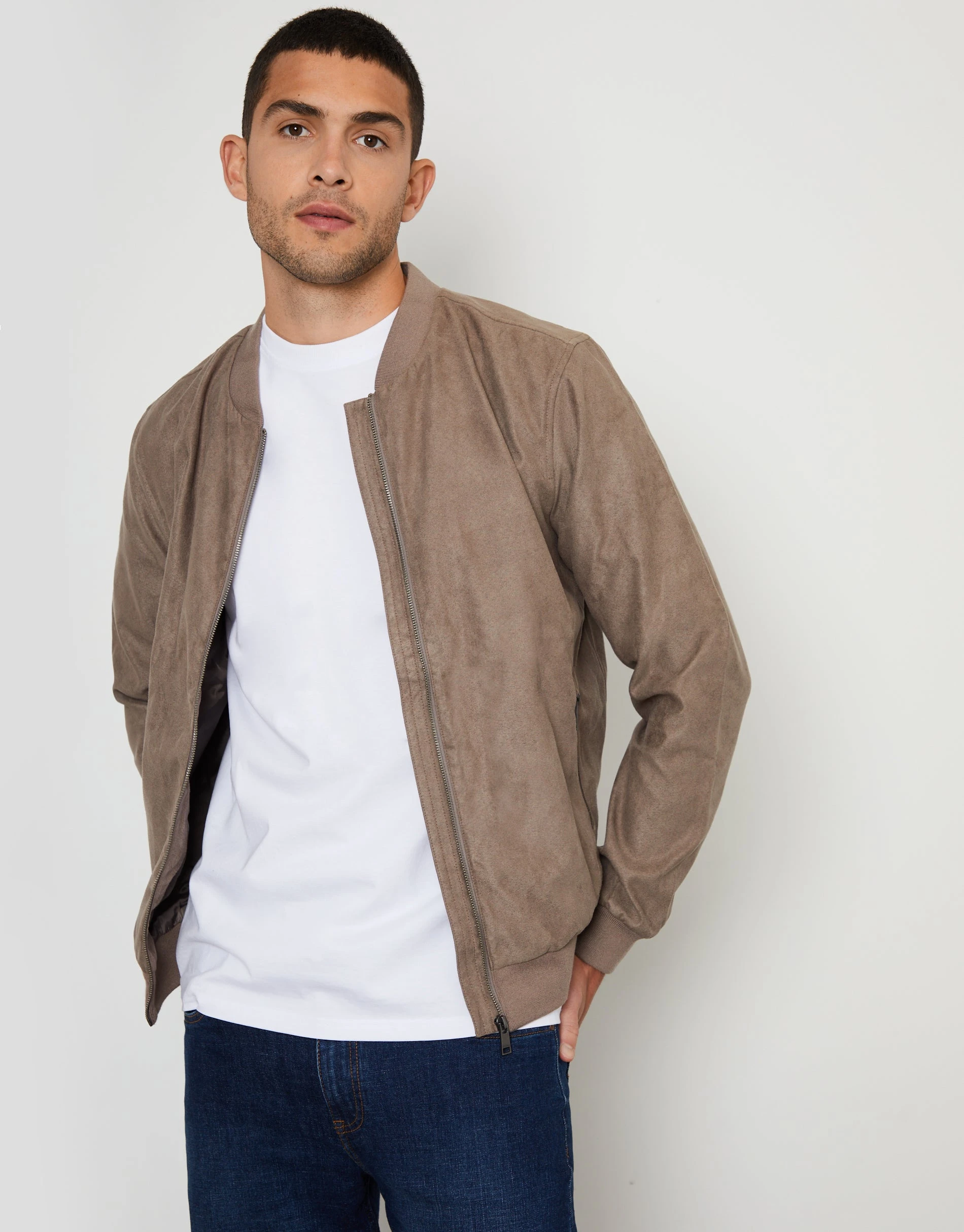 Men's Taupe Faux Suede Bomber Jacket