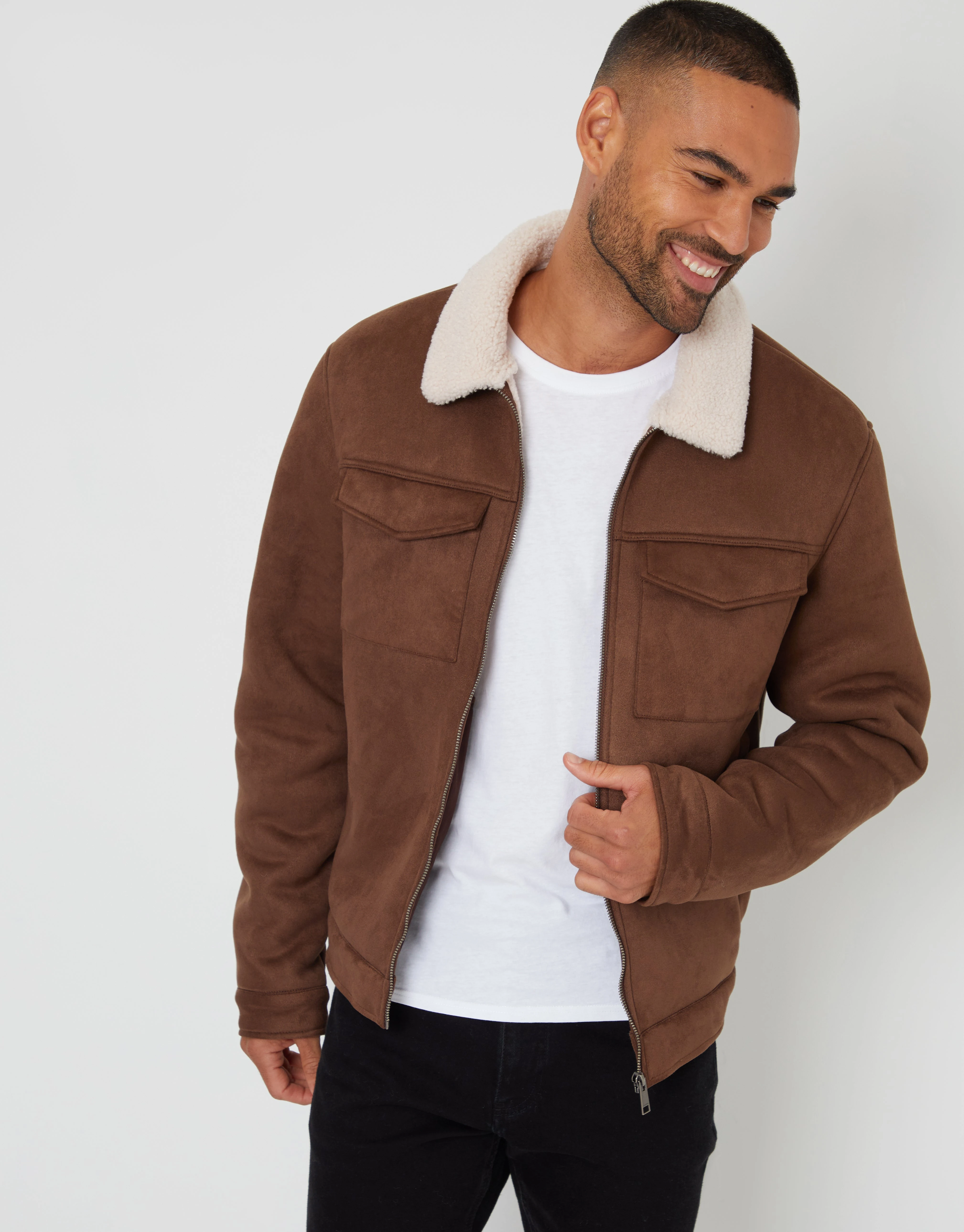 Men's Taupe Faux Suede Borg Lined Aviator Jacket