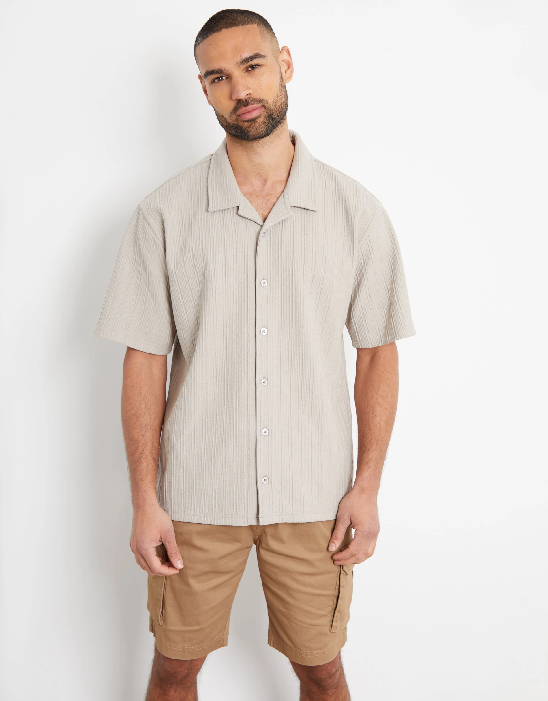 Men's Taupe Textured Revere Collar Short Sleeve Shirt