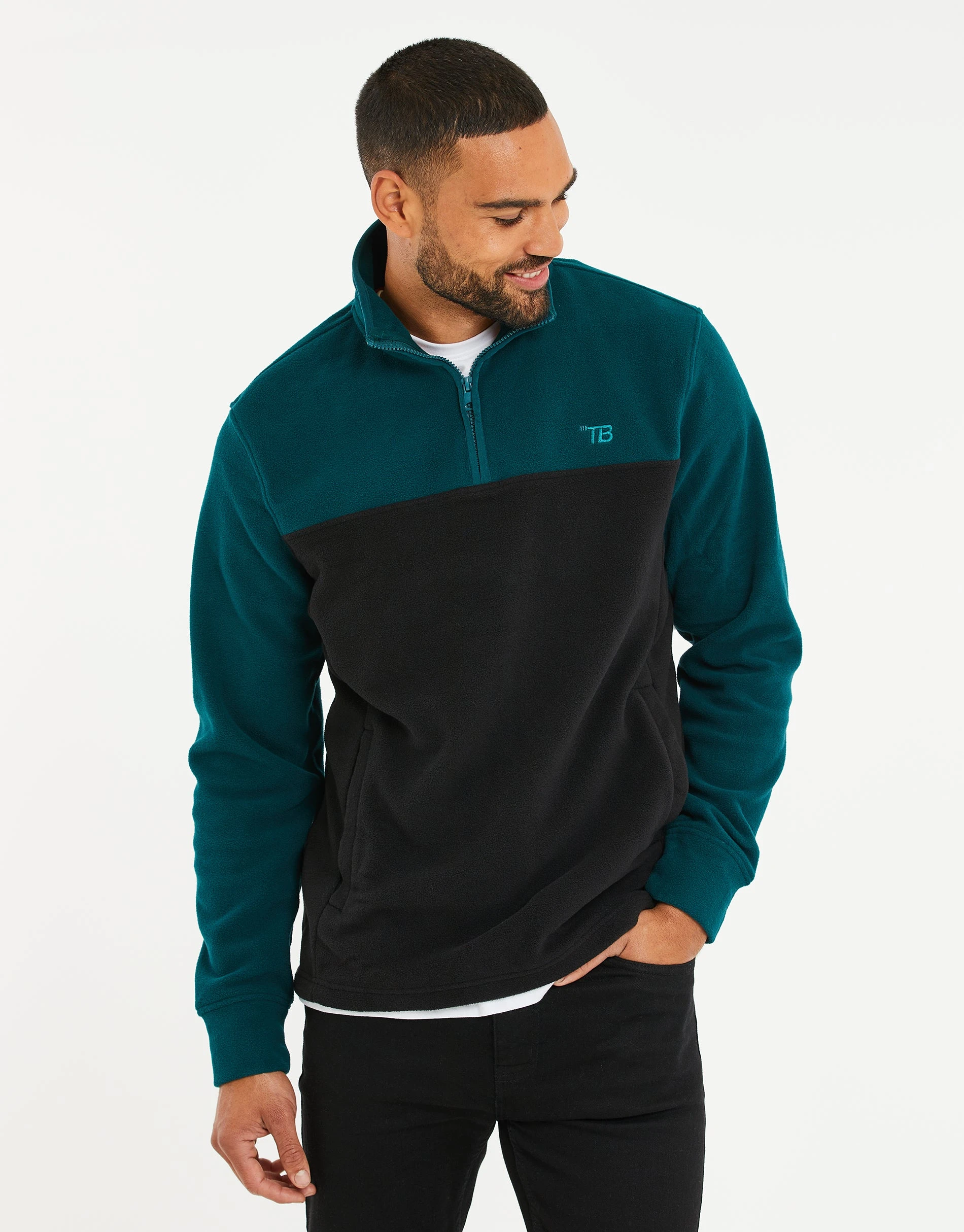 Men's Teal & Black Colourblock Quarter Zip Fleece