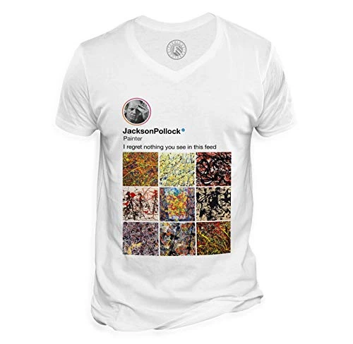 Men's Tee Shirt V Neck Organic Cotton Jackson Pollock Social Networks Painter White