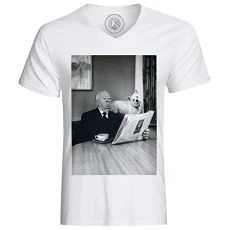 Men's Tee Shirt V Neck Organic Cotton Photo of Star Famous Director Alfred Hitchcock Film Original 8 White