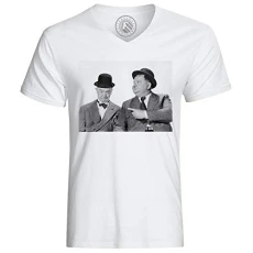 Men's Tee Shirt V Neck Organic Cotton Photo of Star Famous Laurel and Hardy Old Cinema Original 2 White