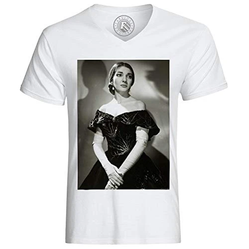 Men's Tee Shirt V Neck Organic Cotton Photo of Star Famous Singer Soprano Maria Callas OpéraMusique Original 3 La Traviata White