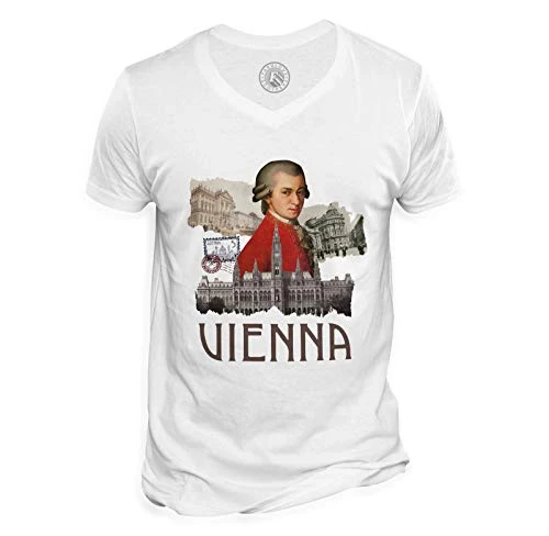 Men's Tee Shirt V Neck Organic Cotton Vienna Vintage Collage Travel Austria Mozart White