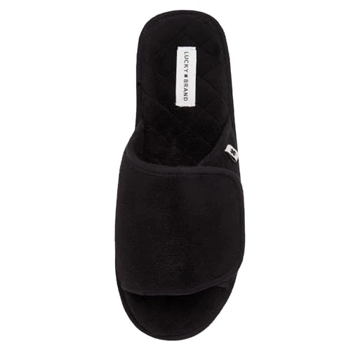Mens Terry Open Toe Slippers with Memory Foam, Black, L