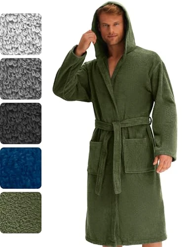 Men's Terry Towelling Bathrobe 100% Cotton with Hood Oeko-Tex, olive green, M