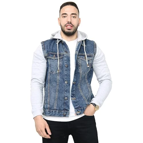 Men's The Trucker Denim Long Fleece Sleeves Jacket Detachable Hood | Washed Denim Fleece Hoodie Western Style Jean Coat (L, Denim Blue)