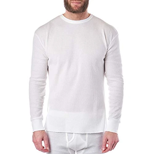 Mens Thermal Long Sleeve Top Underwear Crew Neck Shirt Waffle Knit Henley Base Layer White Med