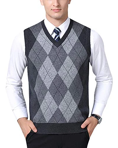 Mens Thicken Knitted Vest Diamond Pattern V-Neck Sleeveless Slipover Knitwear Sweater Tank Tops Dark