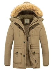 Men's Thickened Long Sleeve Jacket Warm Cotton Quilted Coat Insulated Fleece Lining Jackets Hooded Windproof Coat Khaki S