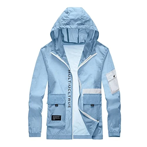 Men's Thin Quilted Jacket Autumn Winter Long Sleeve Zipper Jacket Men Beauty Hood Lapel Multiple Pockets Solid Color Snowboard Jacket Men, Blue Sky, XXXL