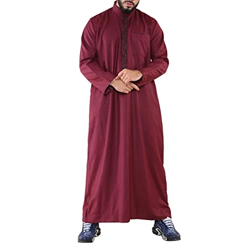 Mens Thobe Jubba Emirati Islamic Arabic Eid Embroidery Kaftan Jubbah Robe Burgundy