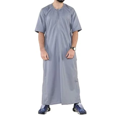 Mens Thobe Jubba Islamic Clothing Kaftan Half Sleeve Robe Moroccan Arab Zipped - Grey L - 56