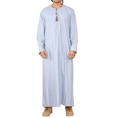 Mens Thobe Jubba Islamic Clothing Muslim Kaftan Emirati Omani Robe Arab Tassel - Light blue S - 52