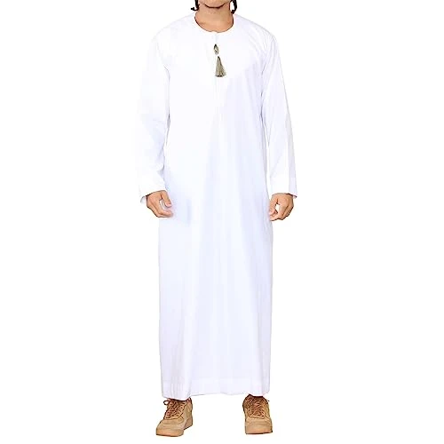 Mens Thobe Jubba Islamic Clothing Muslim Kaftan Emirati Omani Robe Arab Tassel - White-gold M - 54