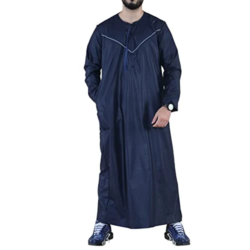 Mens Thobe Jubba Islamic Clothing Muslim Kaftan Emirati Omani Robe Casual Cotton - Navy M - 54