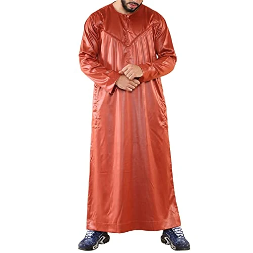 Mens Thobe Jubba Islamic Clothing Muslim Kaftan Emirati Omani Robe Satin Shiny - Rust XL - 58