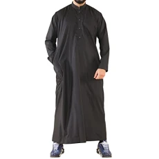 Mens Thobe Jubba Nehru Stand Collar Islamic Clothing Muslim Cotton Kaftan Dress Robe Saudi - Black XXL - 60
