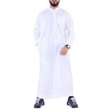 Mens Thobe Jubba Nehru Stand Collar Islamic Clothing Muslim Cotton Kaftan Dress Robe Saudi - White L - 56