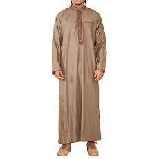 Mens Thobe Jubba Nehru Stand Collar Islamic Clothing Muslim Cotton Kaftan Embroidery Eid Robe Saudi - Light brown S - 52