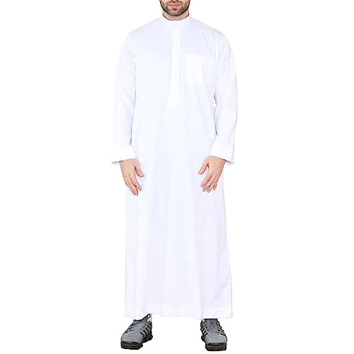 Mens Thobe Jubba Nehru Stand Collar Islamic Clothing Muslim Kaftan Eid Robe Saudi Slim Regular Fit - White Regular L - 56