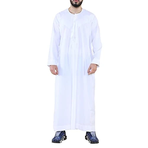 Mens Thobe Jubba Saudi Islamic Arab Eid Emirati Kaftan Jubbah Tassel Robe White