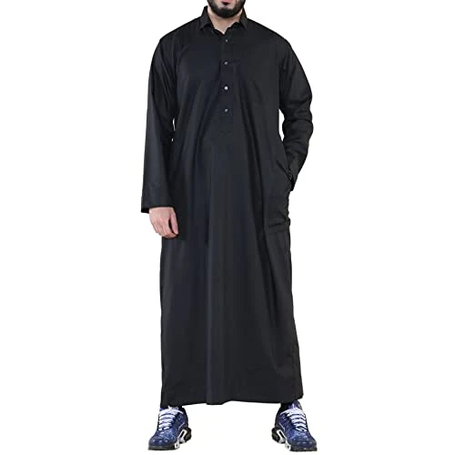 Mens Thobe Jubba Turn Down Collar Islamic Muslim Cotton Kaftan Dress Robe Arabic - Black XXL - 60