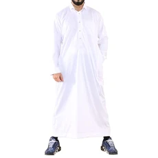 Mens Thobe Jubba Turn Down Collar Islamic Muslim Cotton Kaftan Dress Robe Arabic - White S - 52
