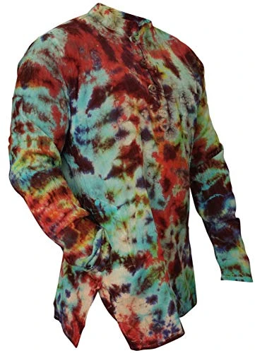 Mens Tie Dye Hippie Grandad Shirts Handmade Cotton Casual Long Sleeve Boho Shirt, 4XL