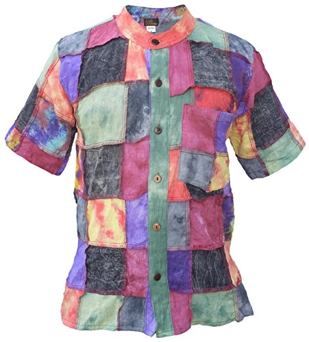 Men's Tie Dye Patch Cotton Grandad Shirt Short Sleeve Small