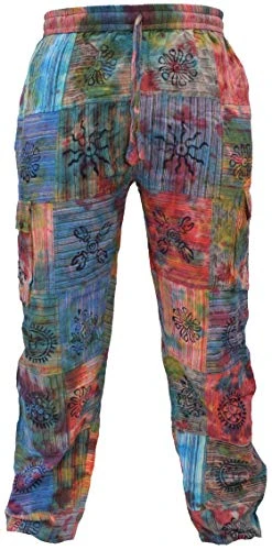 Mens Tie Dye Patchwork Colorful Hippy Cotton Cargo Pants X-Large