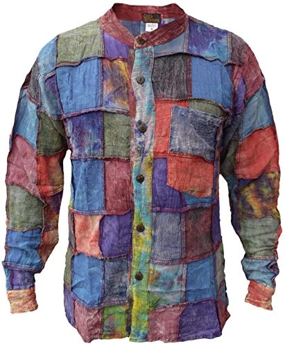 Men's Tie Dye Stonewashed Patch Cotton Grandad Shirt Full Sleeve X-Large