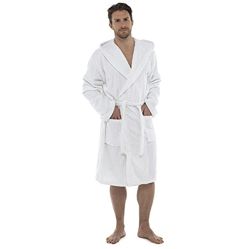 Mens Tom Franks Supersoft Cotton Fleece Towelling Hooded Dressing Gown WHT M/L