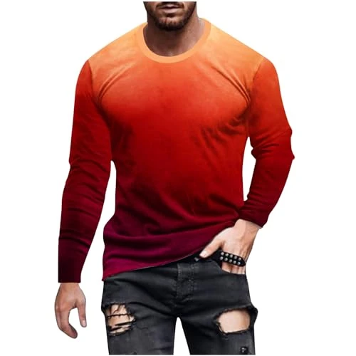 Mens Tops Men's Fashion 2024 Gradient Contrast Color Long Sleeve T-Shirt Casual Round Neck Shirt Com