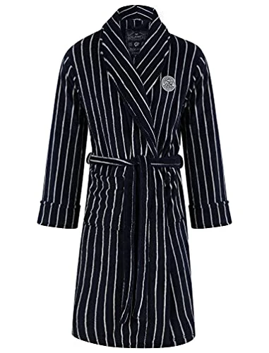 Men's Towncraft Striped Soft Fleece Dressing Gown in Navy - M