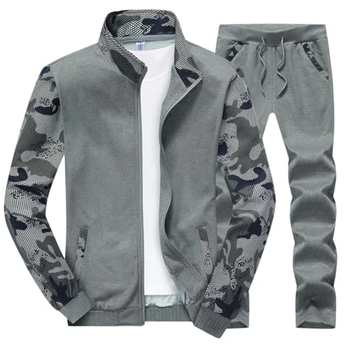 Mens Tracksuit Camouflage Athletic Jogging Gym Suit Zipper Jacket with Joggers Sweatpants Casual Sports Activewear Set Tracksuit Suits Sets Sportswear,Grey2,4XL
