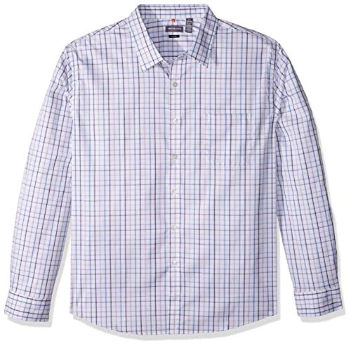 Men's Traveler Stretch Long Sleeve Button Down Blue/White/Purple Shirt, English Violet Plaid, Medium