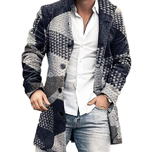 Men's Trench Coat Fashion Retro Plaid Print Lapel Long Sleeve Parka Jacket Winter Warm Overcoat Outw